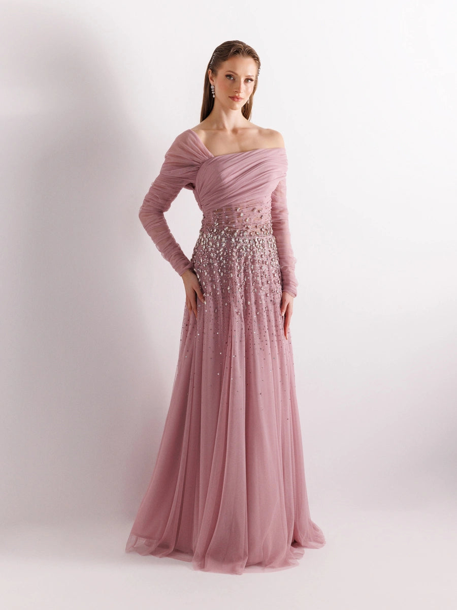 Straplez Uzun Kollu Full beden İşlemeli Prenses Abiye Elbise Pudra renk 2