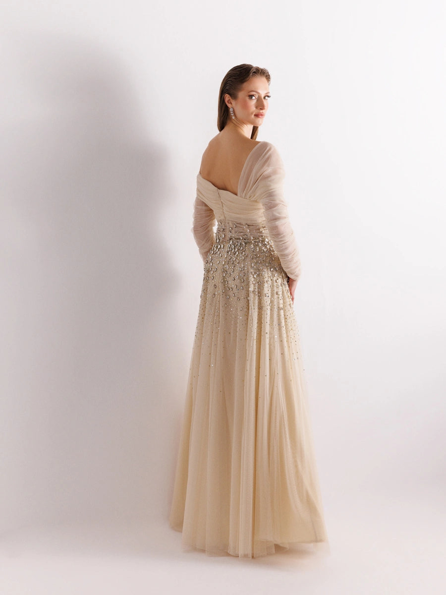 A25127-Straplez Uzun Kollu Full beden İşlemeli Prenses Abiye Elbise