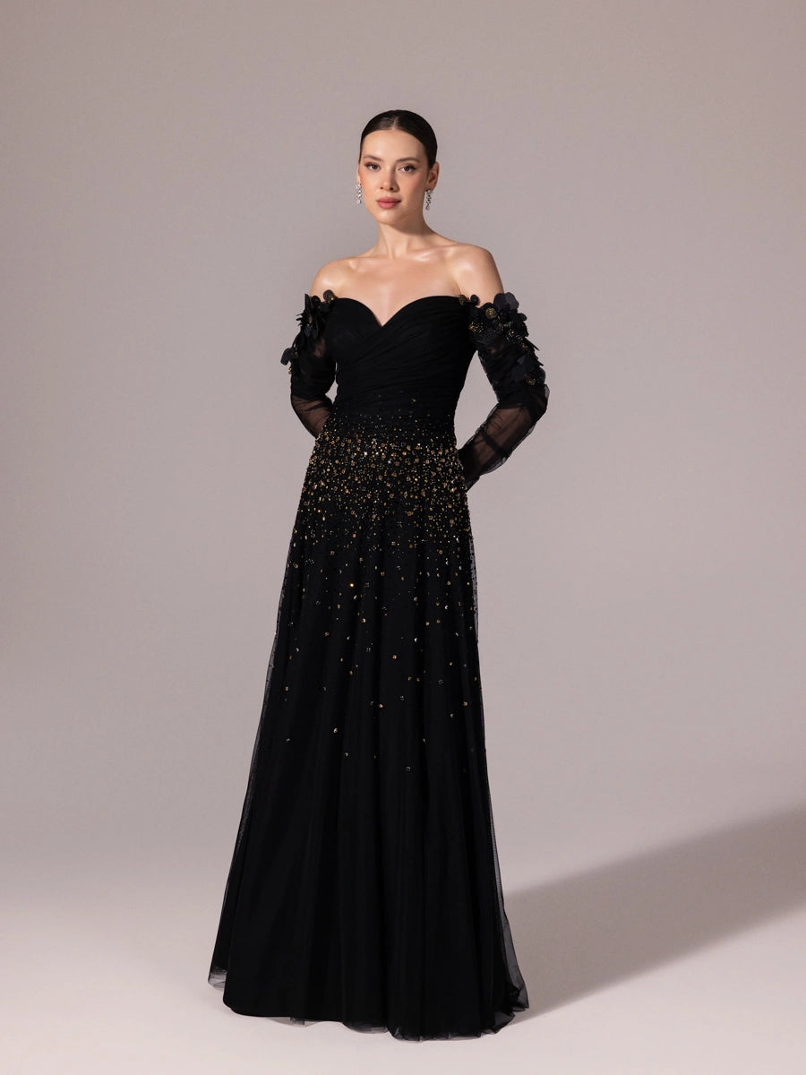 A25166-Uzun Kırma Kollu Full Beden İşlemeli Prenses Abiye Elbise