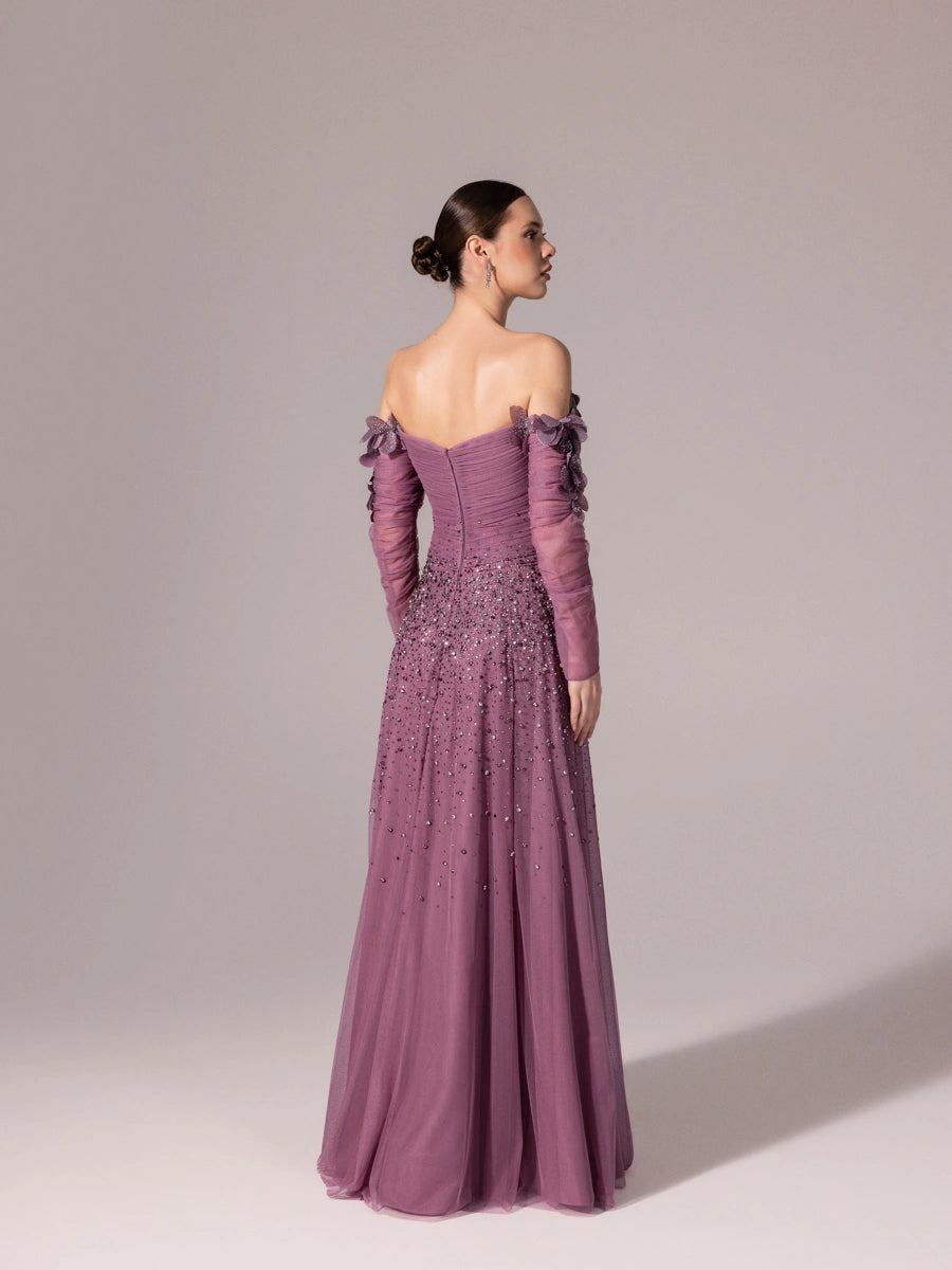 A25166-Uzun Kırma Kollu Full Beden İşlemeli Prenses Abiye Elbise