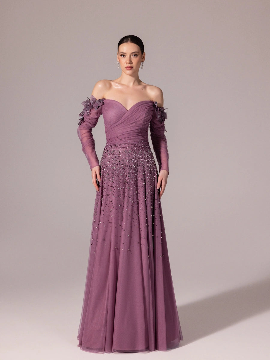 A25166-Uzun Kırma Kollu Full Beden İşlemeli Prenses Abiye Elbise