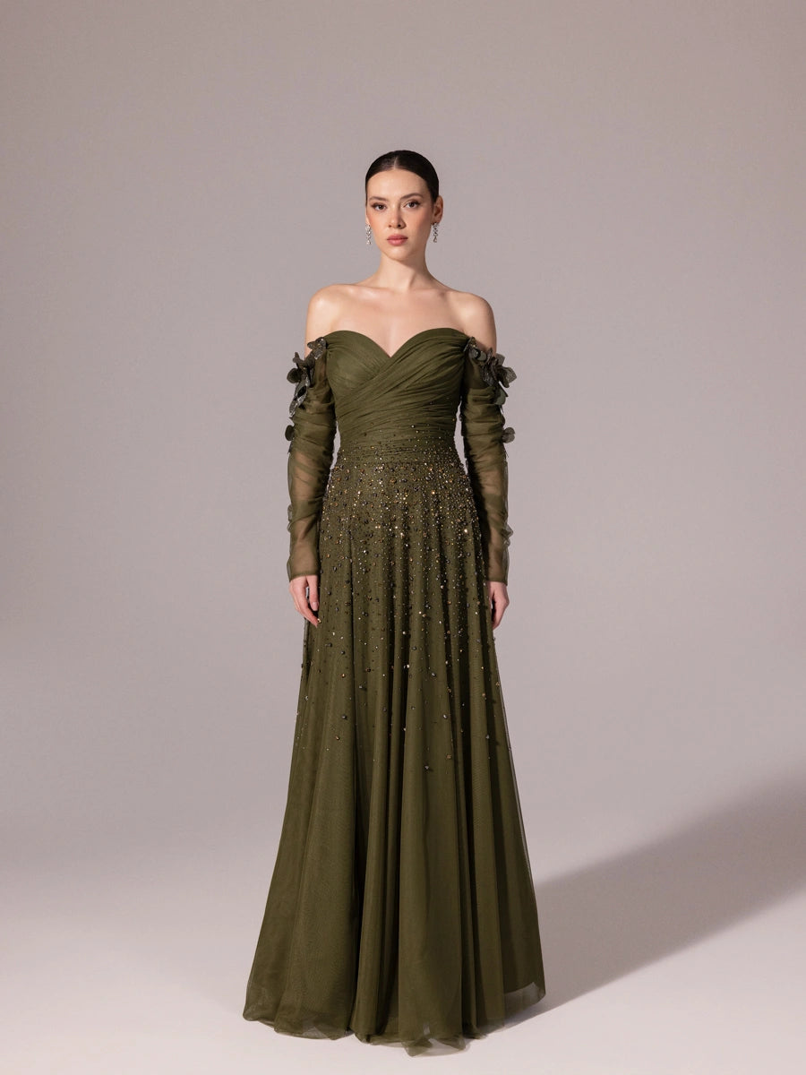 A25166-Uzun Kırma Kollu Full Beden İşlemeli Prenses Abiye Elbise