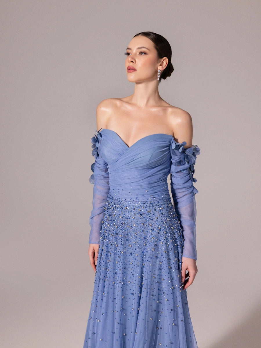 A25166-Uzun Kırma Kollu Full Beden İşlemeli Prenses Abiye Elbise