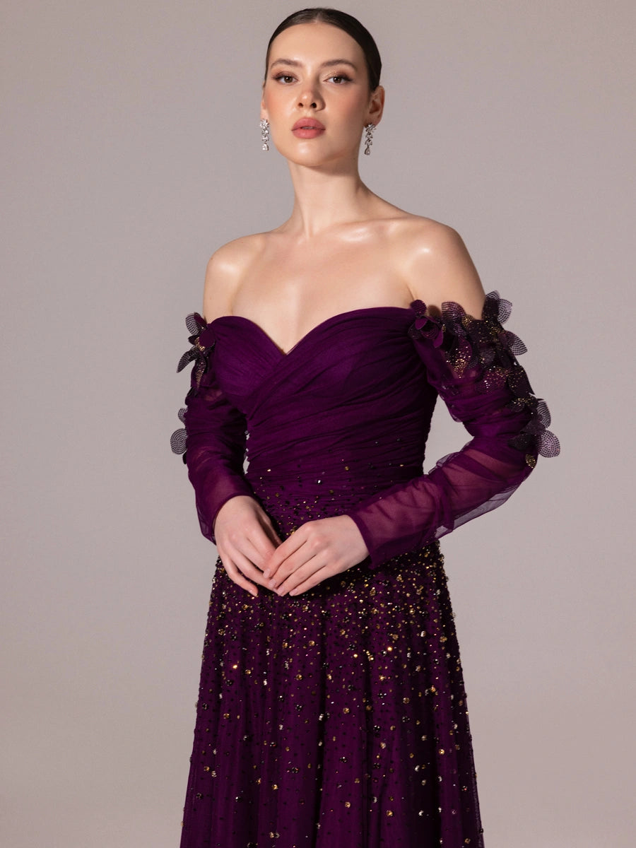 A25166-Uzun Kırma Kollu Full Beden İşlemeli Prenses Abiye Elbise