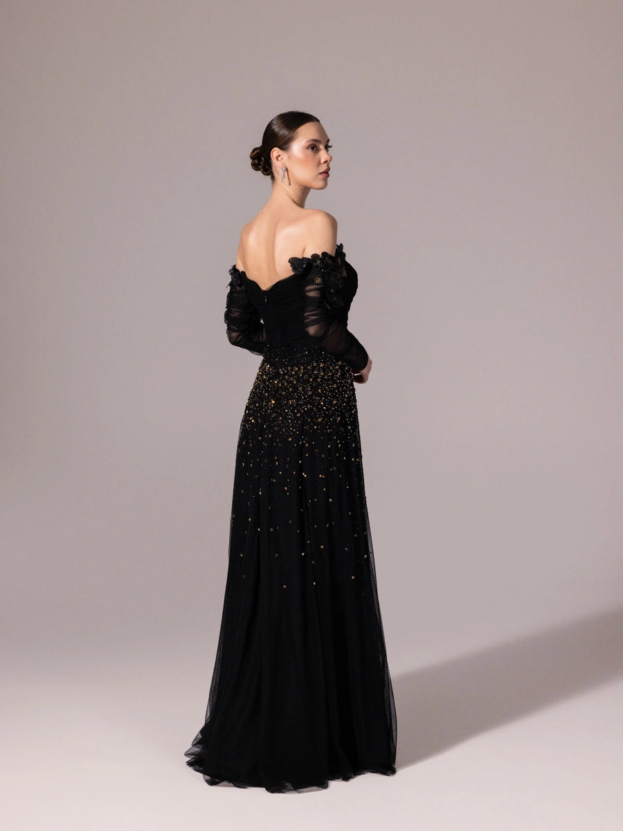 A25166-Uzun Kırma Kollu Full Beden İşlemeli Prenses Abiye Elbise