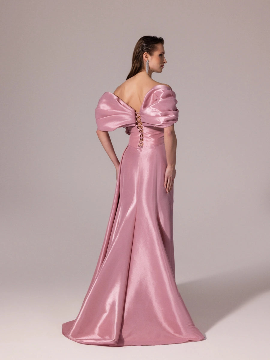 A25177-Straplez Şal Kol Çiçek Detaylı Yırtmaçlı Balık Abiye Elbise