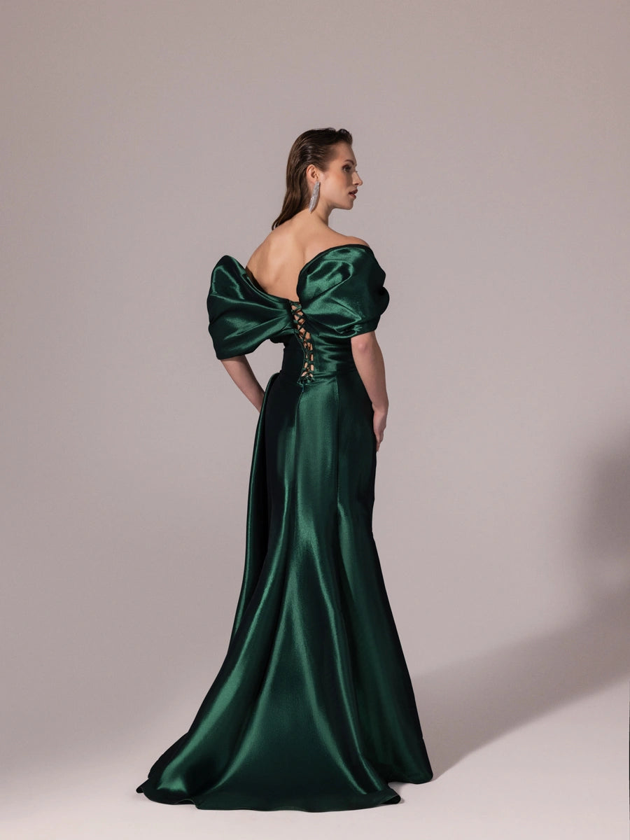 A25177-Straplez Şal Kol Çiçek Detaylı Yırtmaçlı Balık Abiye Elbise