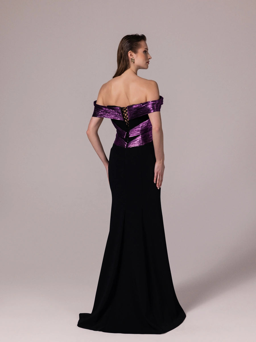 A25179-Parlak Kumaş Garnili Yakası İşlemeli Balık Abiye Elbise