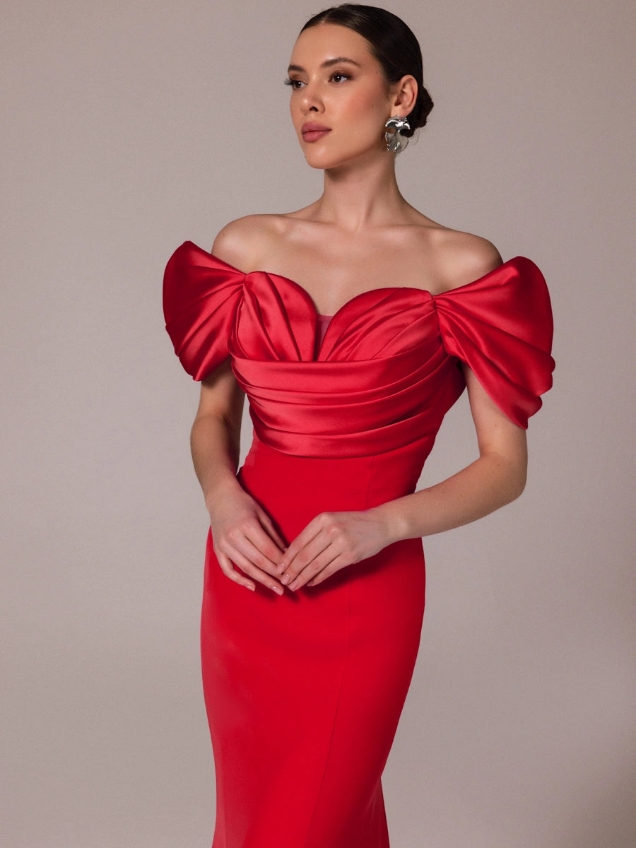 A25185-Kalp Yaka Degajeli Saten Garnili Uzun Abiye Elbise