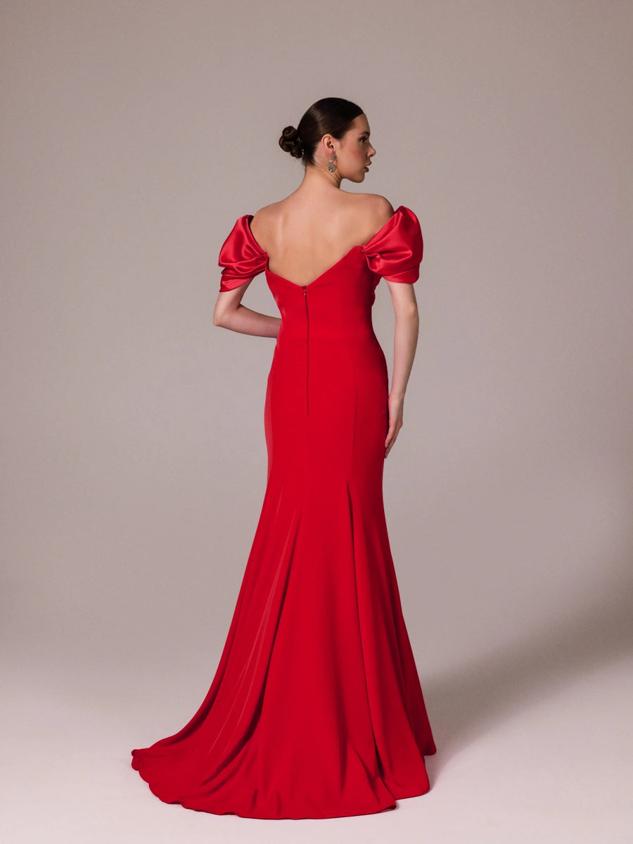 A25185-Kalp Yaka Degajeli Saten Garnili Uzun Abiye Elbise