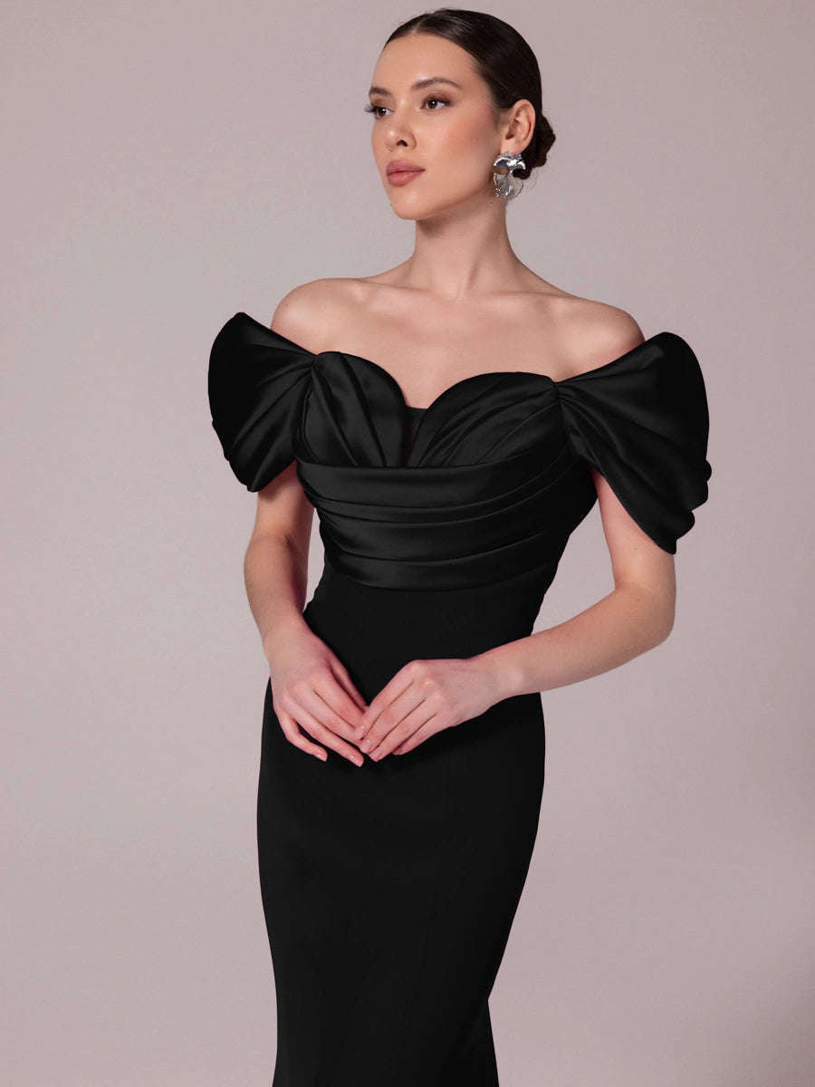 A25185-Kalp Yaka Degajeli Saten Garnili Uzun Abiye Elbise