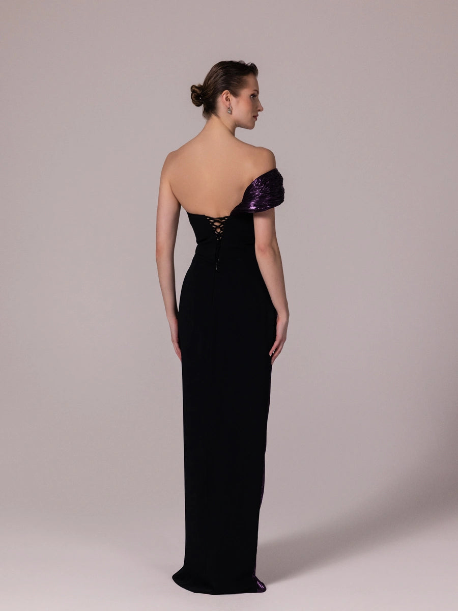 A25186-Tek Omuzlu Pliseli Uzun Abiye Elbise