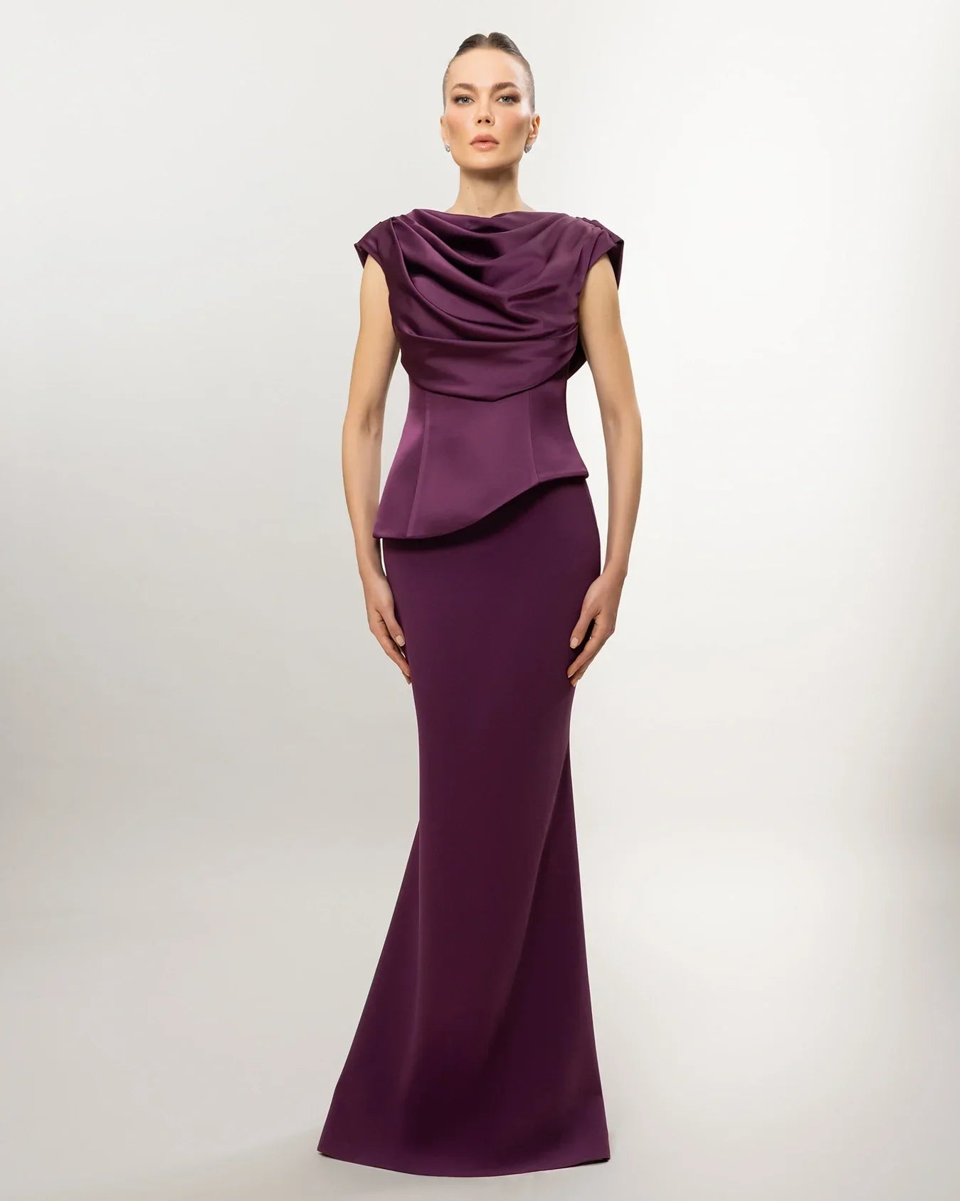 A26028-Drapeli Yaka Peplum Detaylı Balık Abiye Elbise - Kenzel