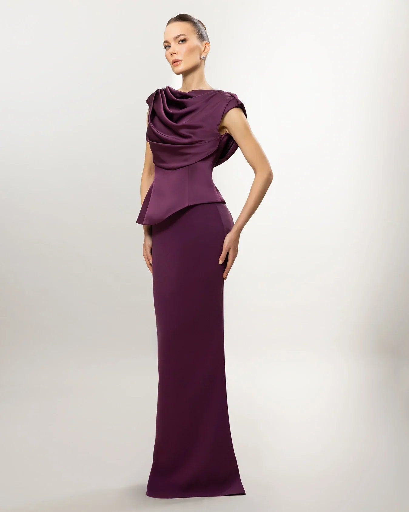 A26028-Drapeli Yaka Peplum Detaylı Balık Abiye Elbise - Kenzel