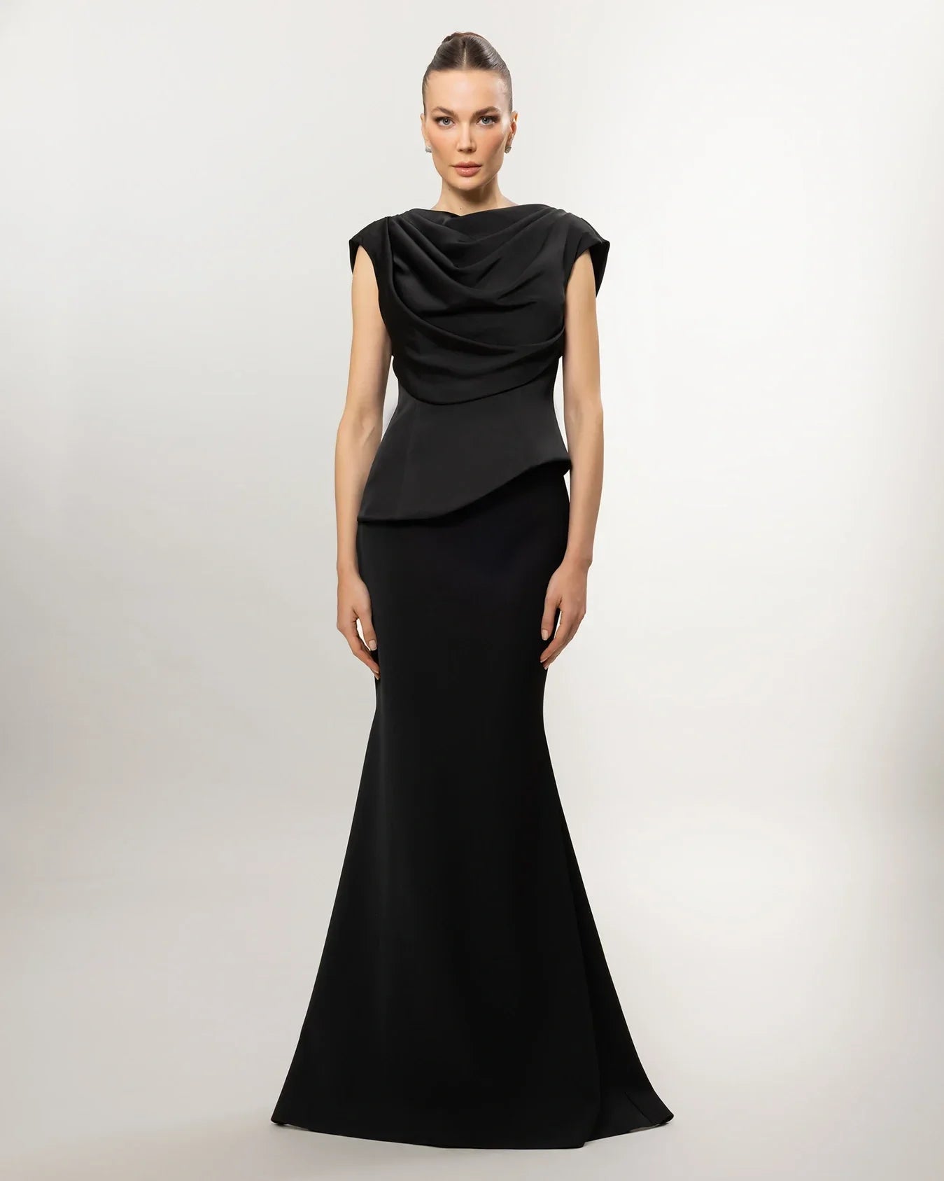 A26028-Drapeli Yaka Peplum Detaylı Balık Abiye Elbise - Kenzel