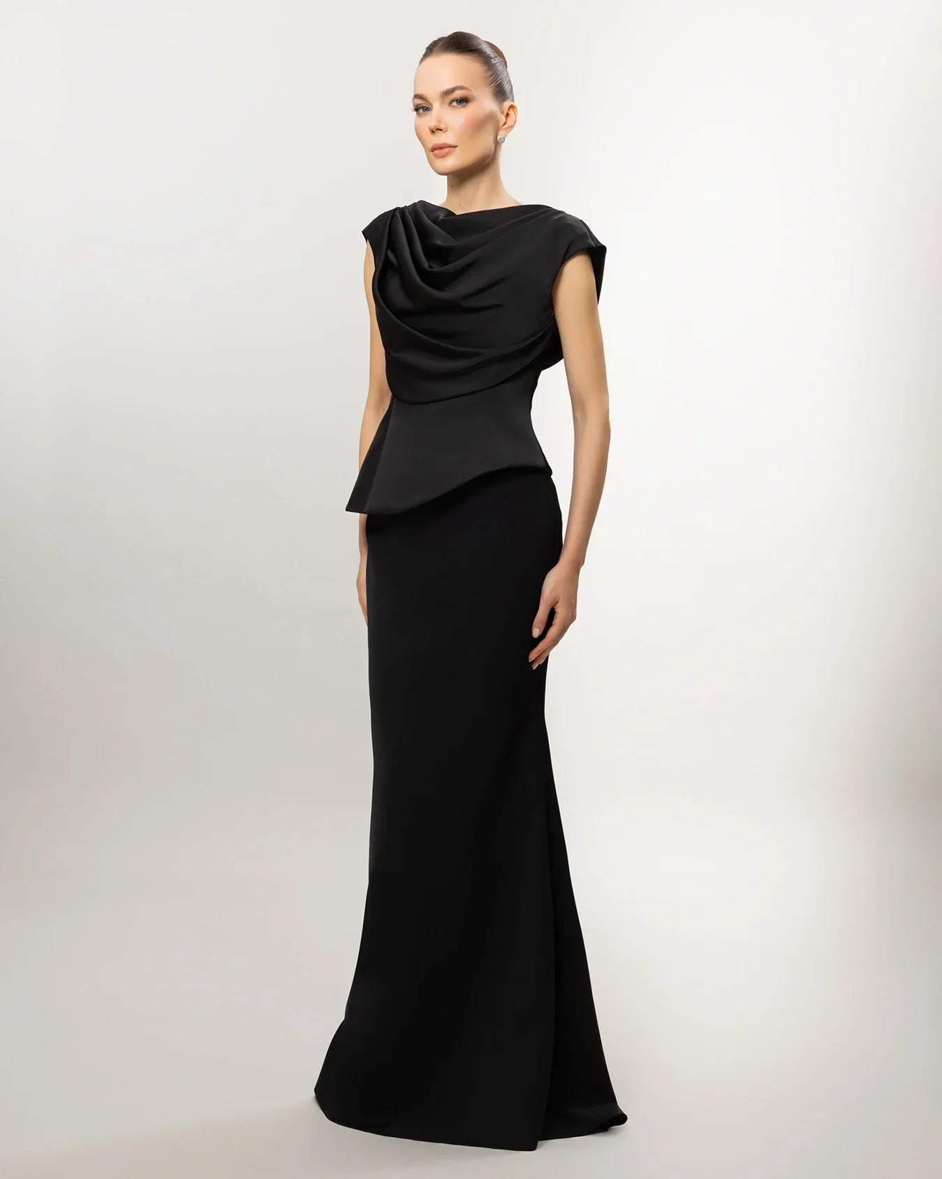 A26028-Drapeli Yaka Peplum Detaylı Balık Abiye Elbise - Kenzel