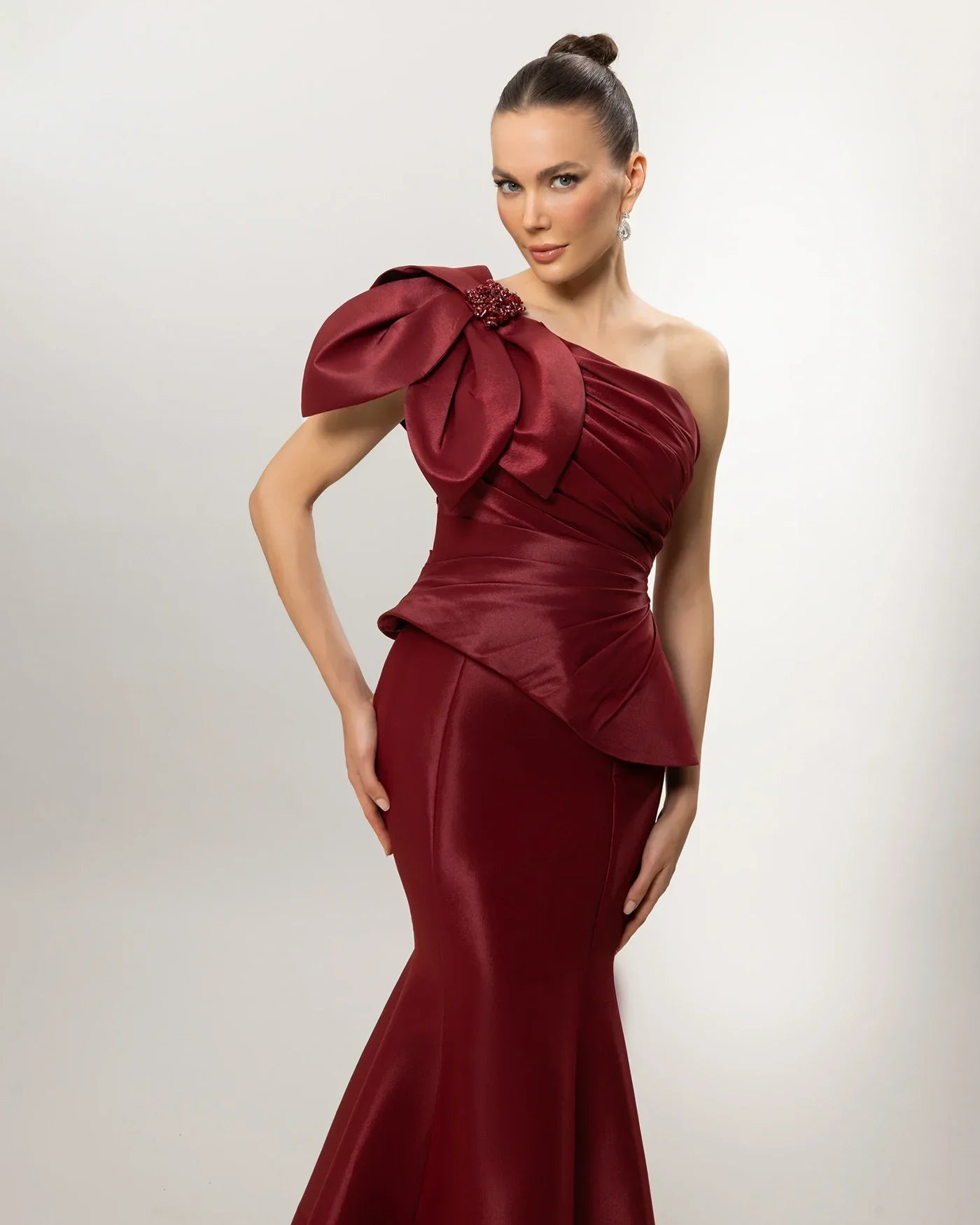 A26054-One Shoulder Bow Detail Peplum Detail Mermaid Evening Dress