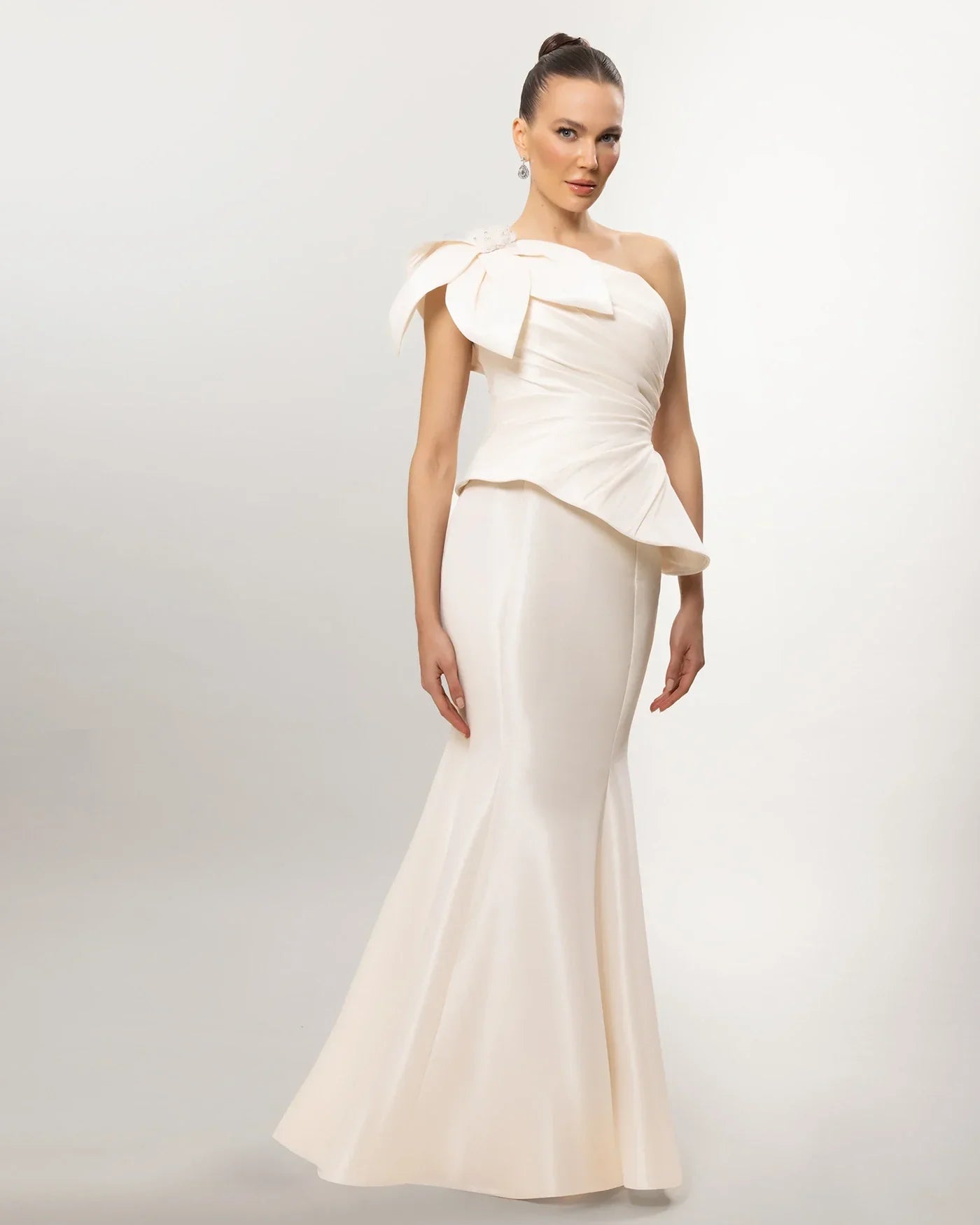 A26054-One Shoulder Bow Detail Peplum Detail Mermaid Evening Dress