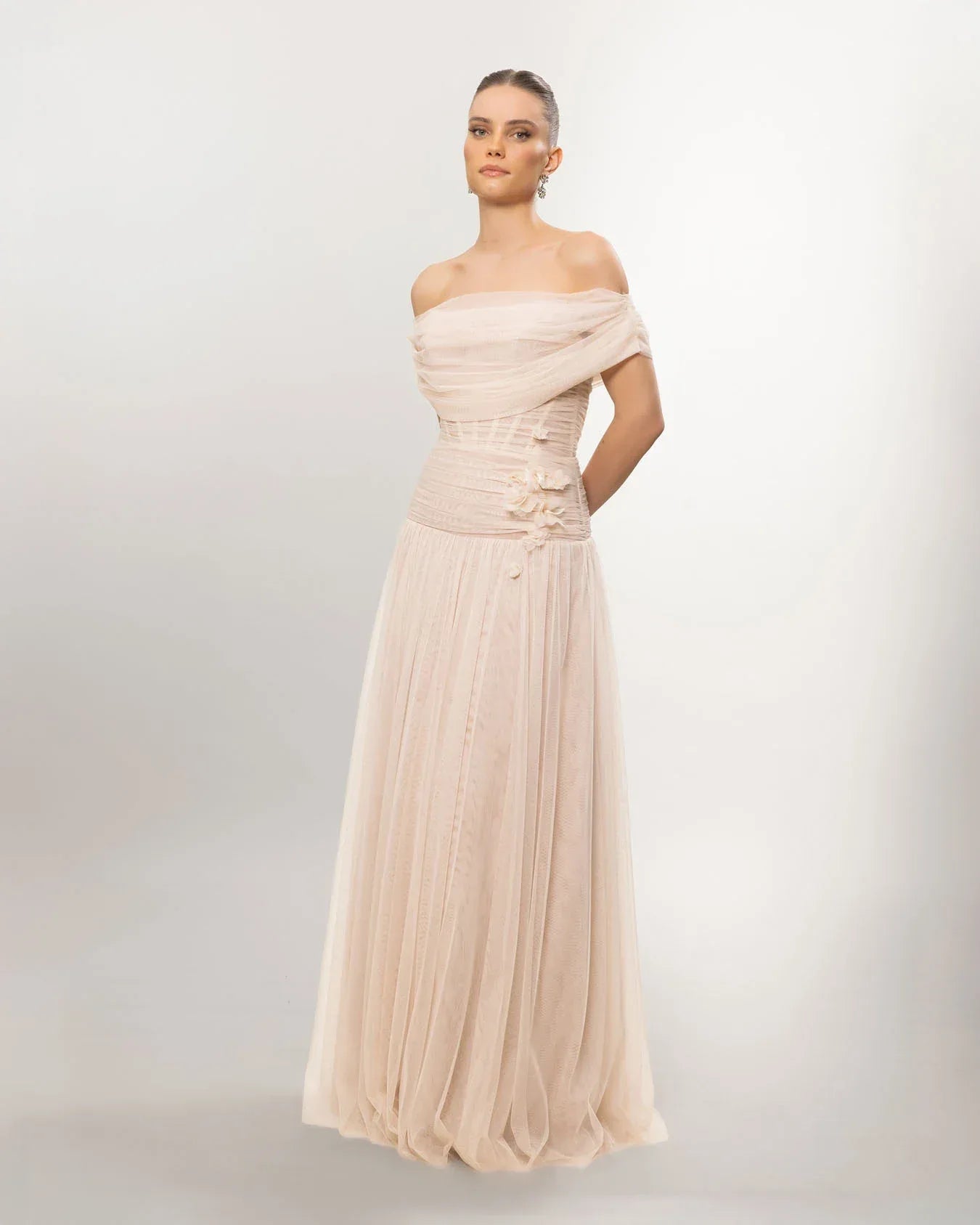 A26077-Düşük Omuz Kabarık Uzun Abiye Elbise - Kenzel