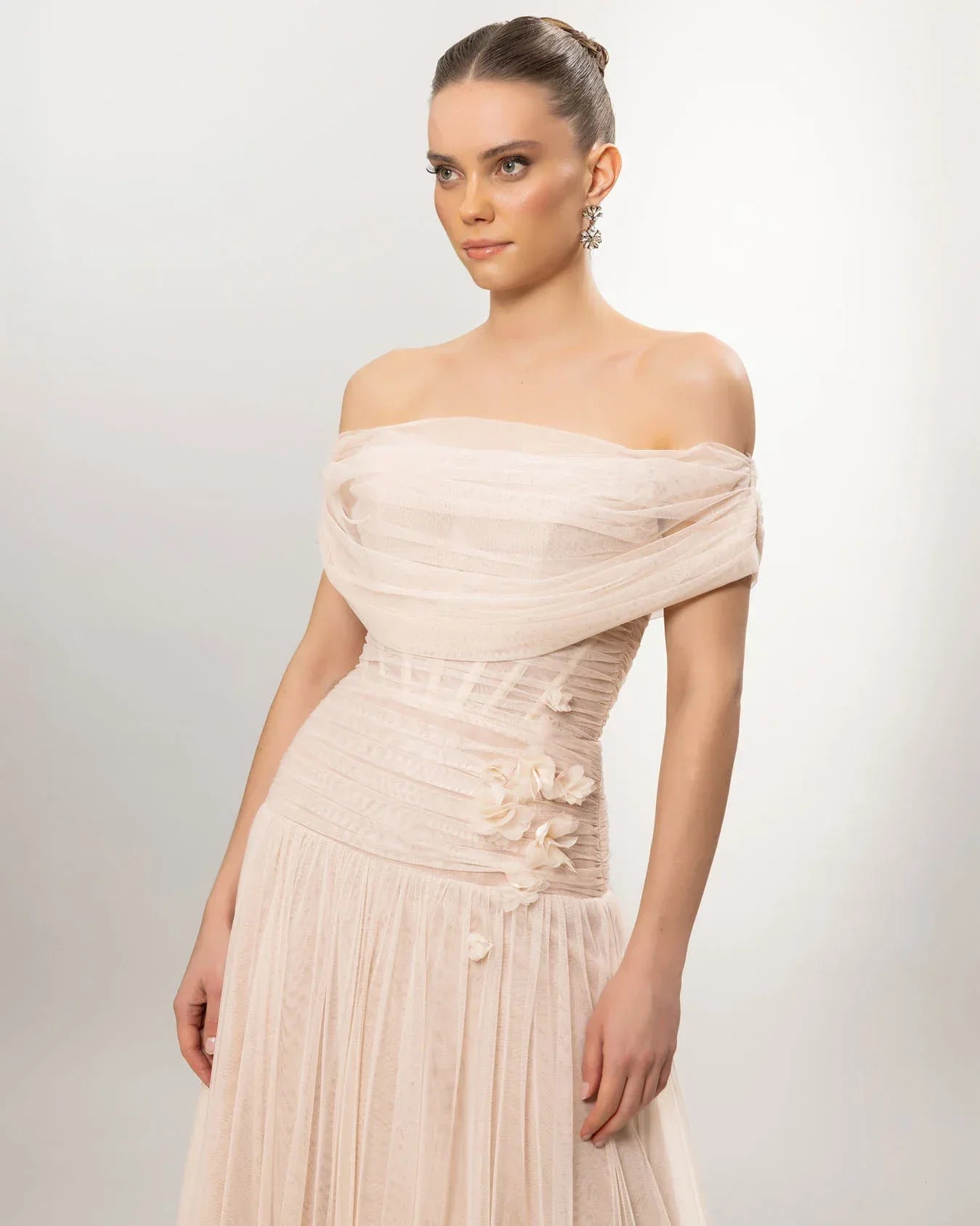 A26077-Düşük Omuz Kabarık Uzun Abiye Elbise - Kenzel