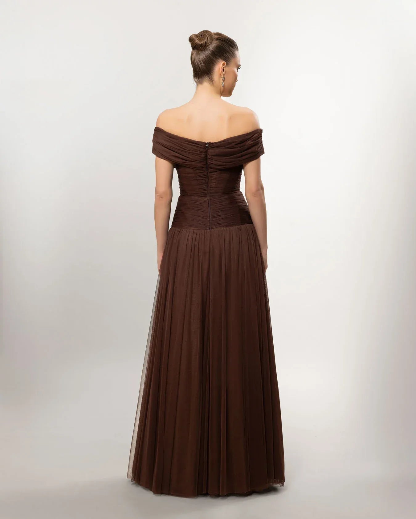 A26077-Düşük Omuz Kabarık Uzun Abiye Elbise - Kenzel