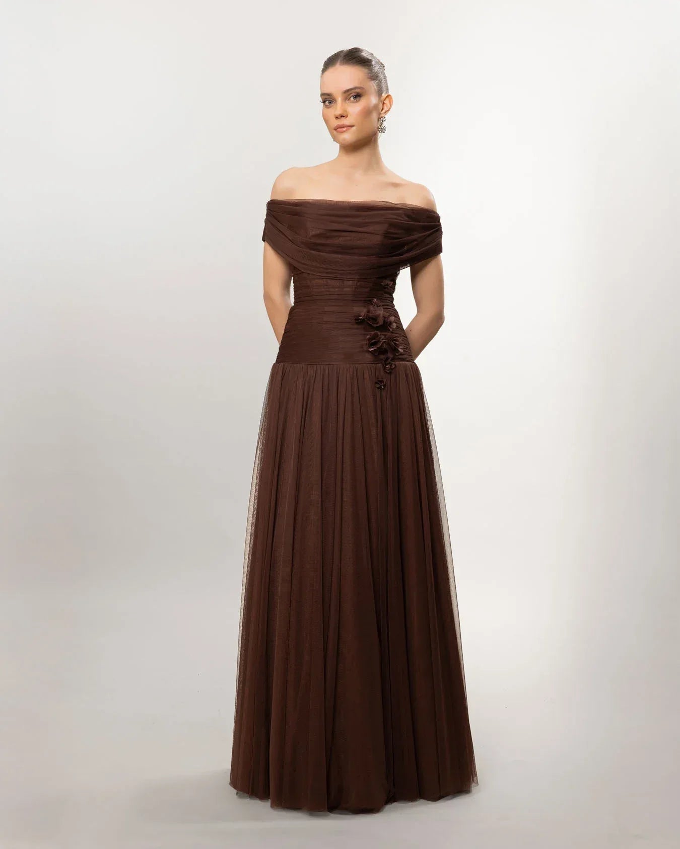 A26077-Düşük Omuz Kabarık Uzun Abiye Elbise - Kenzel