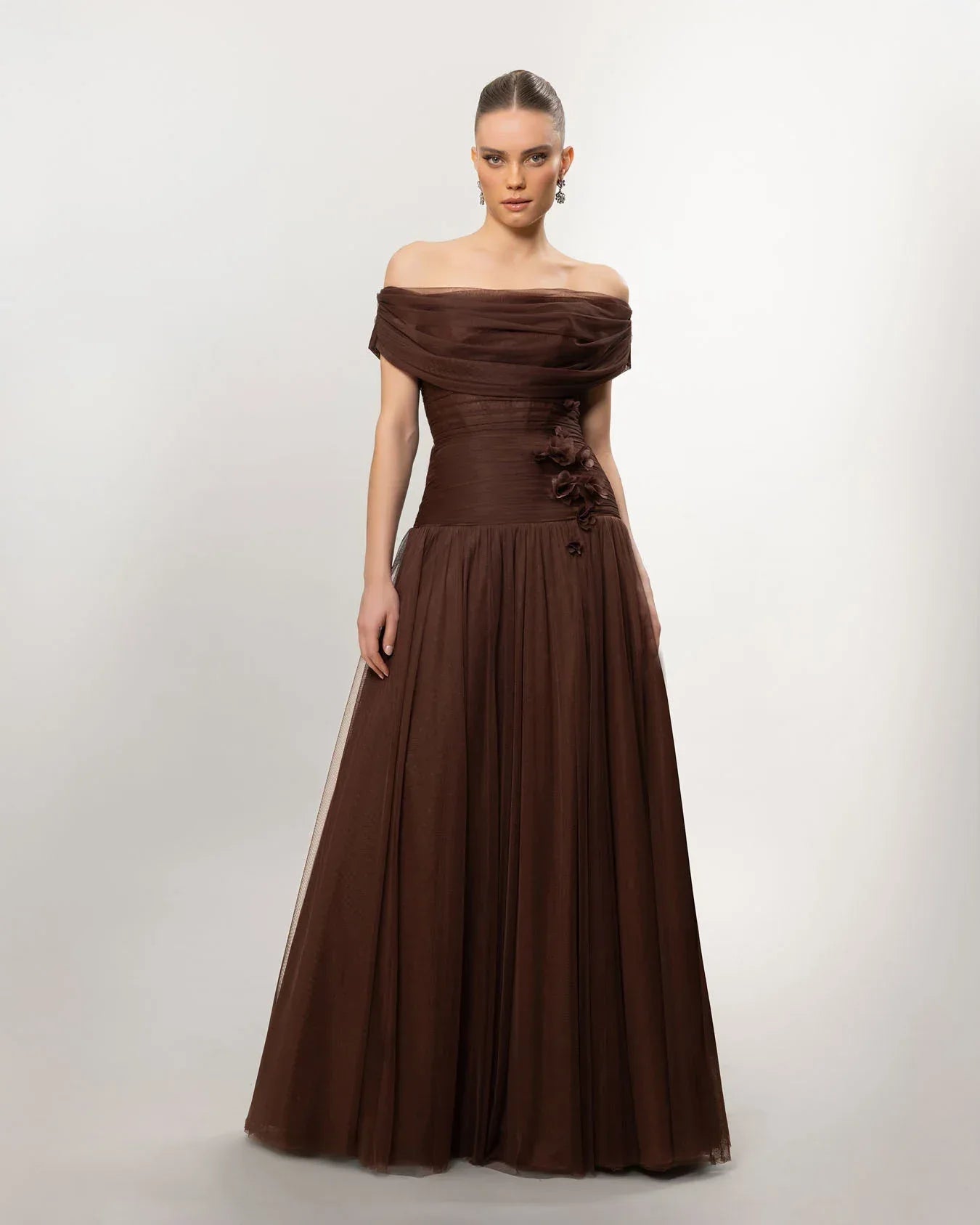 A26077-Düşük Omuz Kabarık Uzun Abiye Elbise - Kenzel