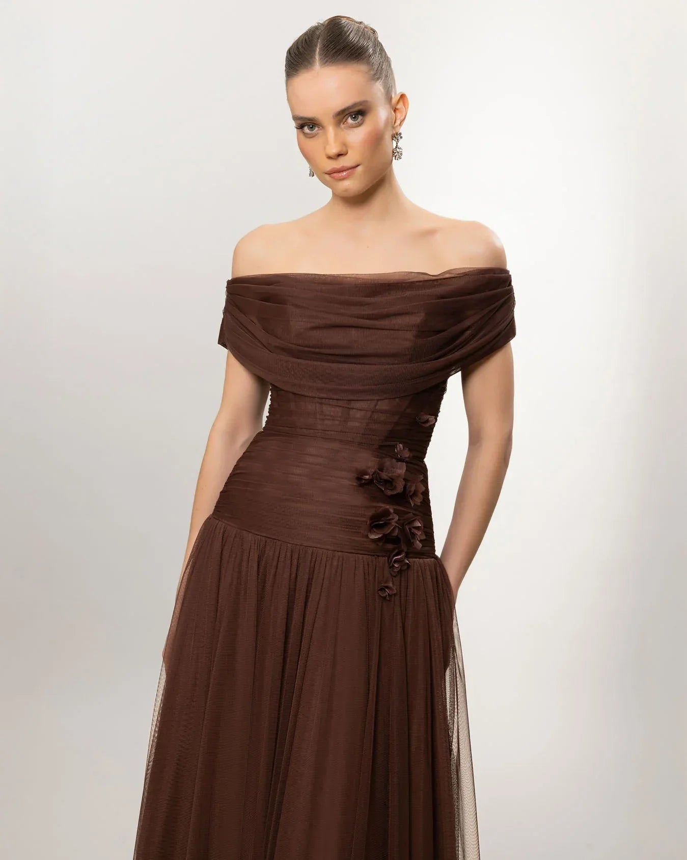 A26077-Düşük Omuz Kabarık Uzun Abiye Elbise - Kenzel