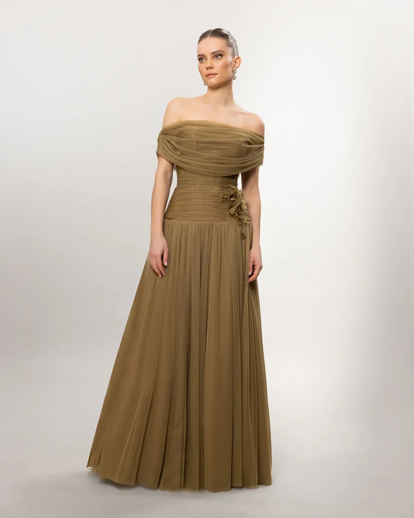 A26077-Düşük Omuz Kabarık Uzun Abiye Elbise - Kenzel