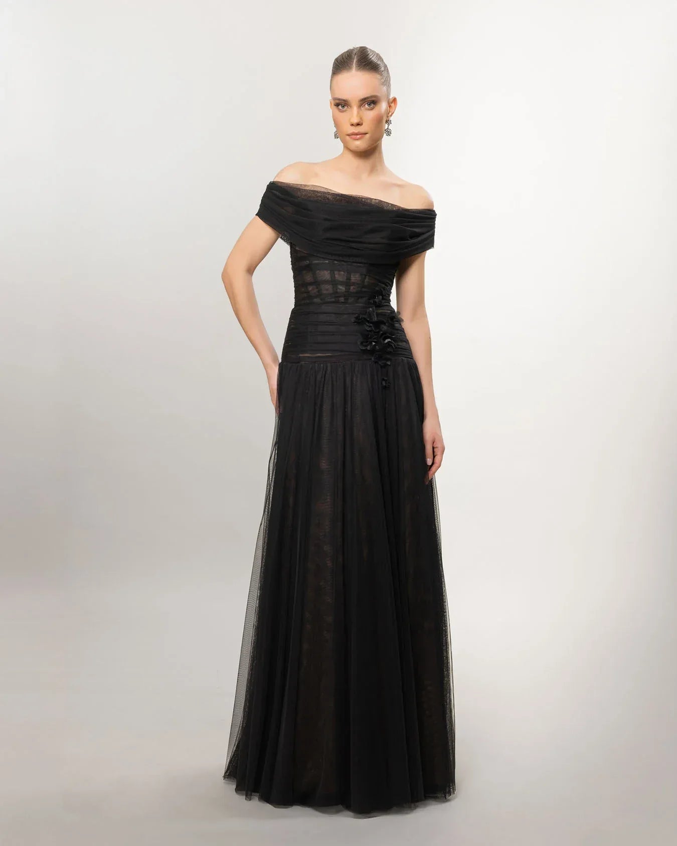 A26077-Düşük Omuz Kabarık Uzun Abiye Elbise - Kenzel