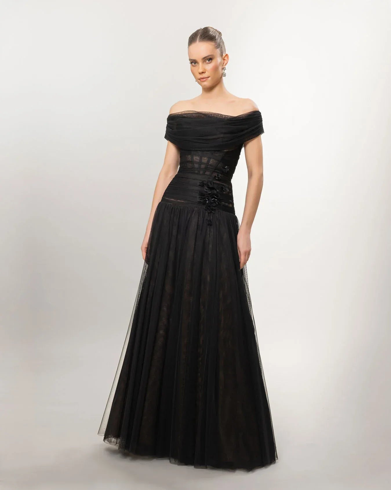 A26077-Düşük Omuz Kabarık Uzun Abiye Elbise - Kenzel