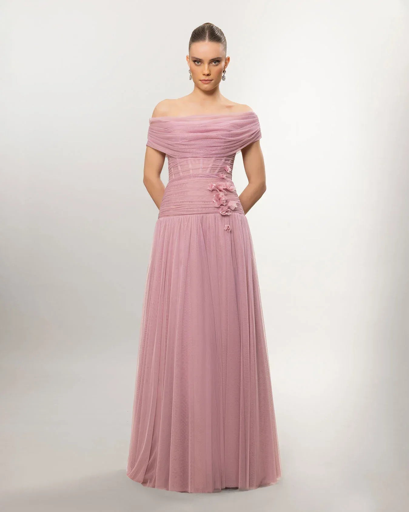 A26077-Düşük Omuz Kabarık Uzun Abiye Elbise - Kenzel