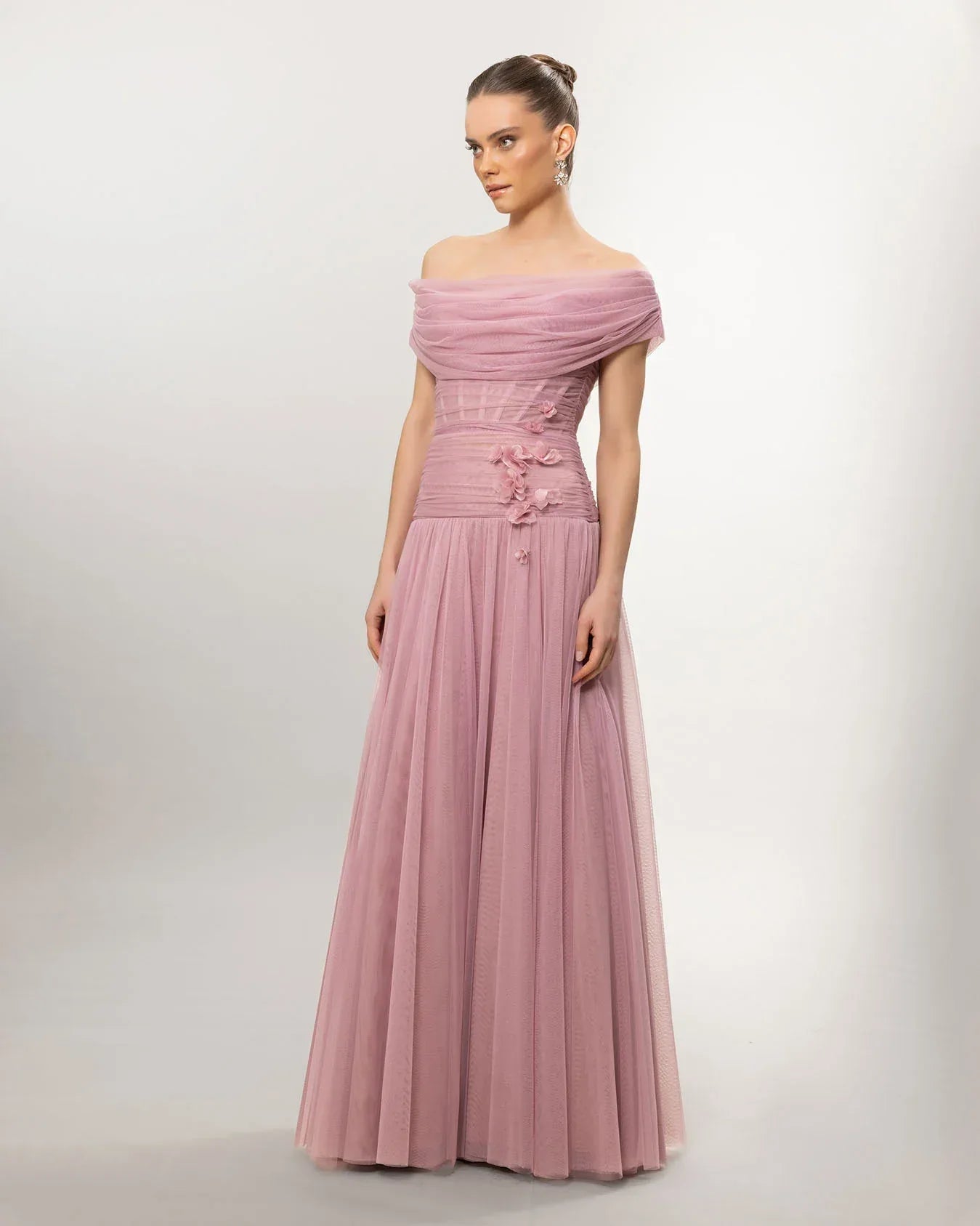 A26077-Düşük Omuz Kabarık Uzun Abiye Elbise - Kenzel