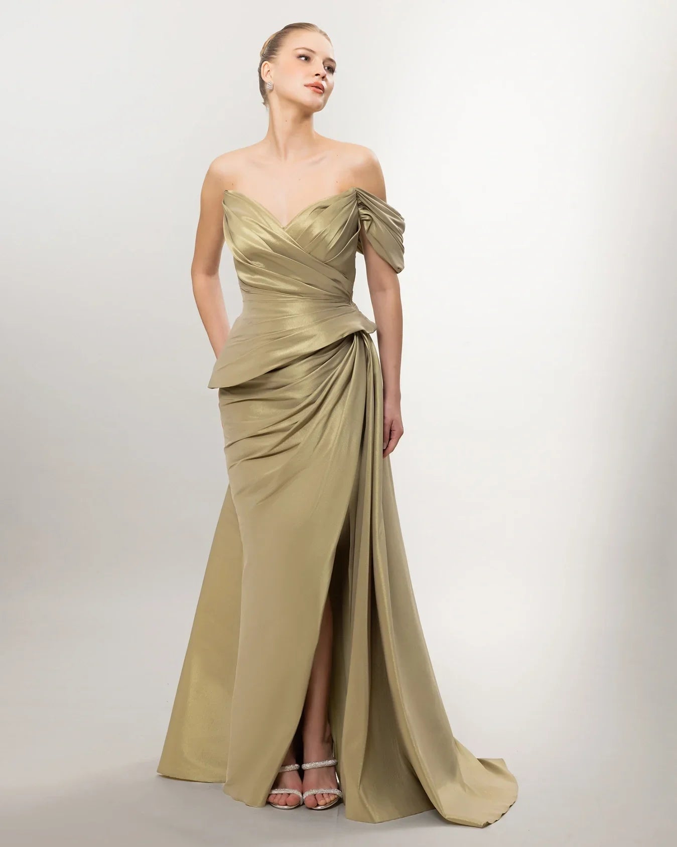 A26141-Sweetheart Neckline Peplum Detail Slit Long Evening Dress