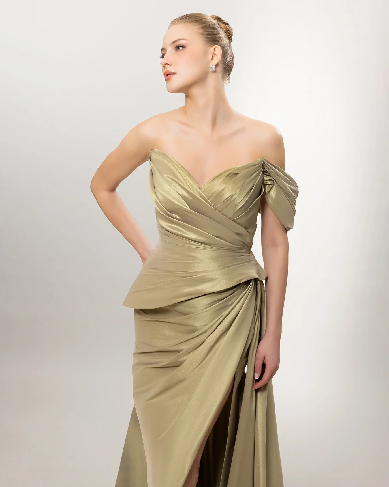 A26141-Sweetheart Neckline Peplum Detail Slit Long Evening Dress