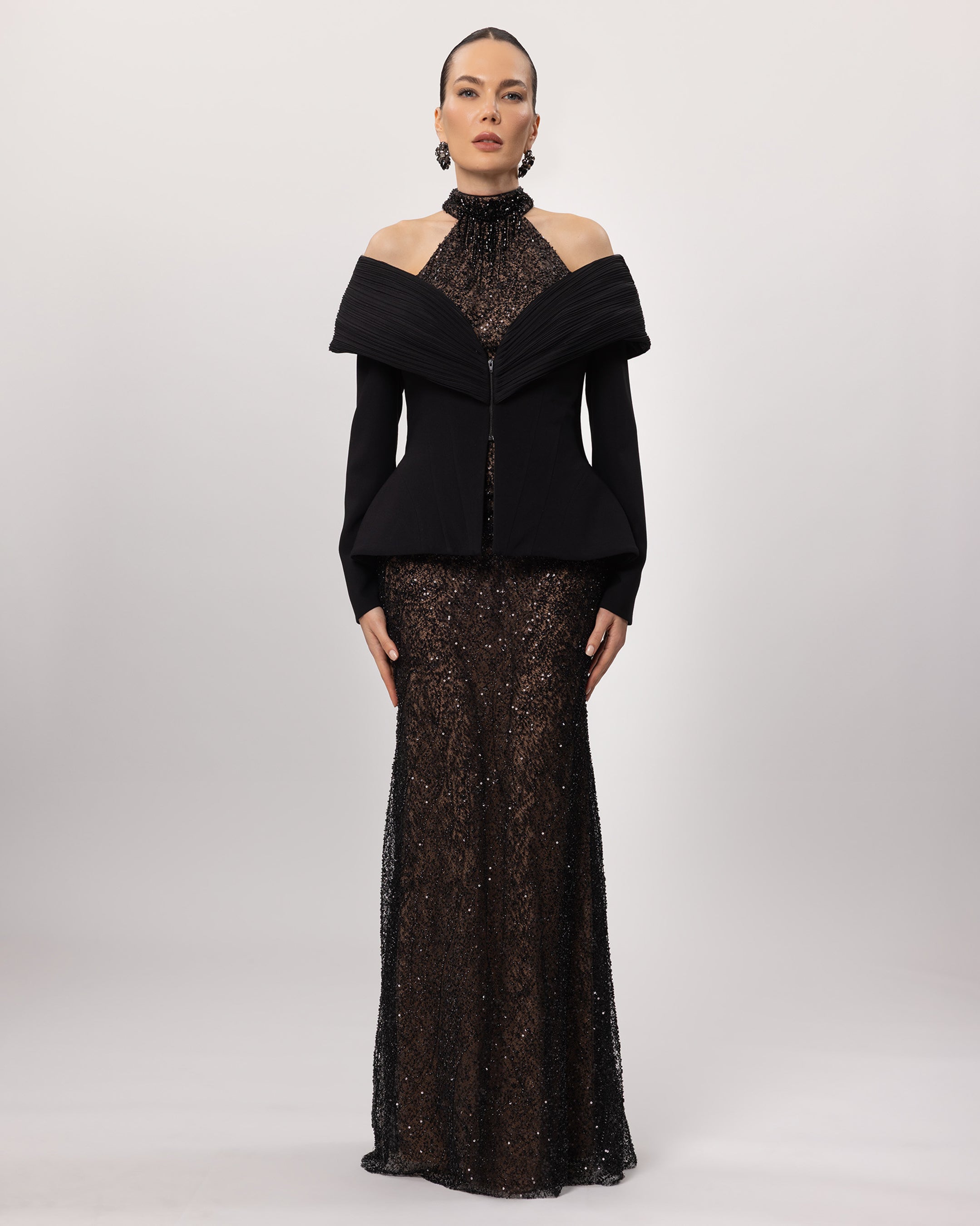 A26175-Piliseli Düşük Omuz Peplum Detaylı Elbise