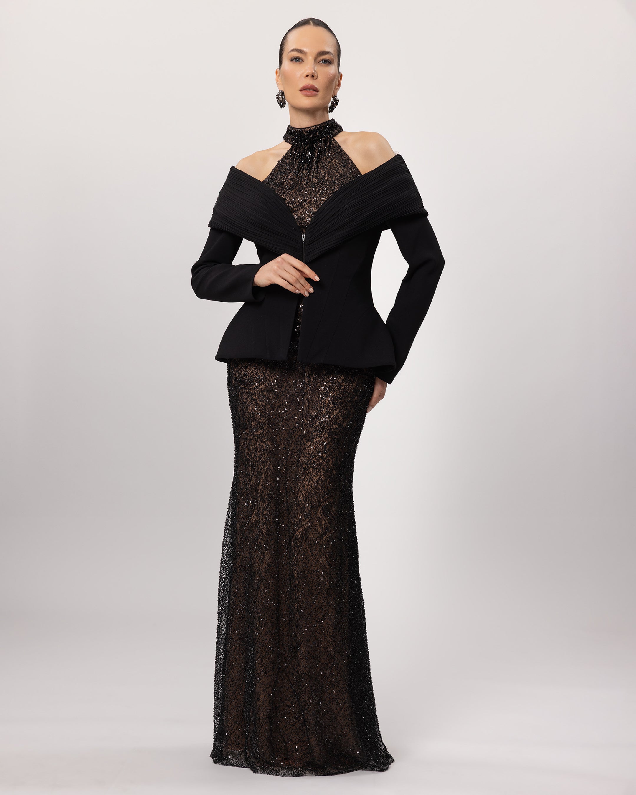 A26175-Piliseli Düşük Omuz Peplum Detaylı Elbise