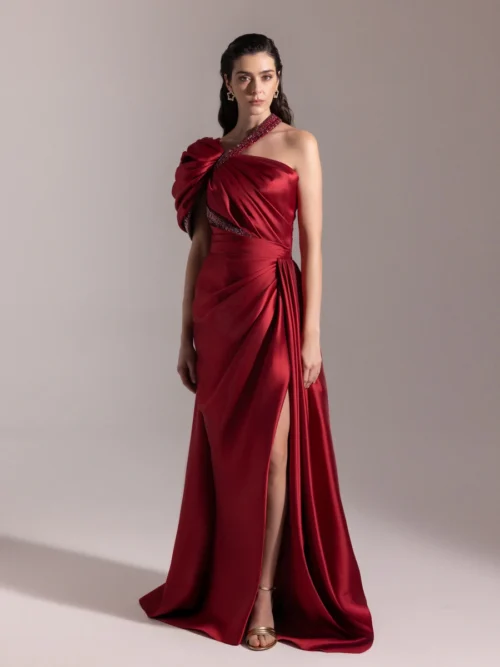 A25025-Asymmetrical Cut Strip Stone Detailed Draped Mermaid Evening Dress