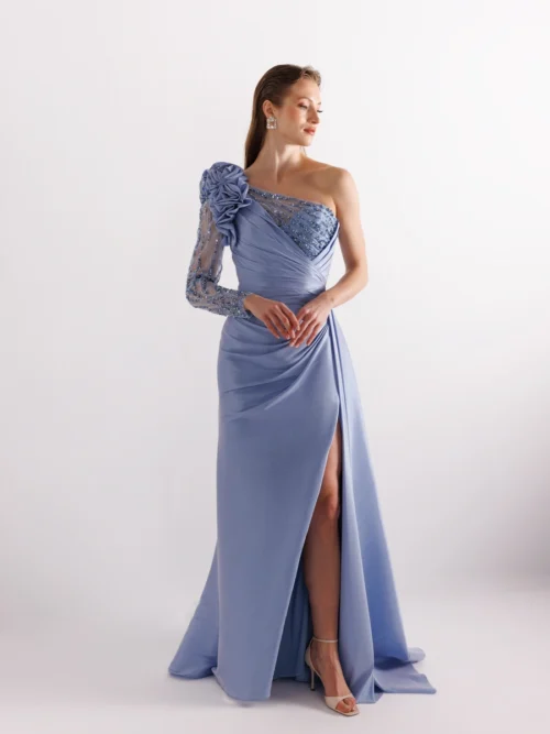 A25055-One Sleeve Shoulder Rose Detailed Mermaid Evening Dress with Slits