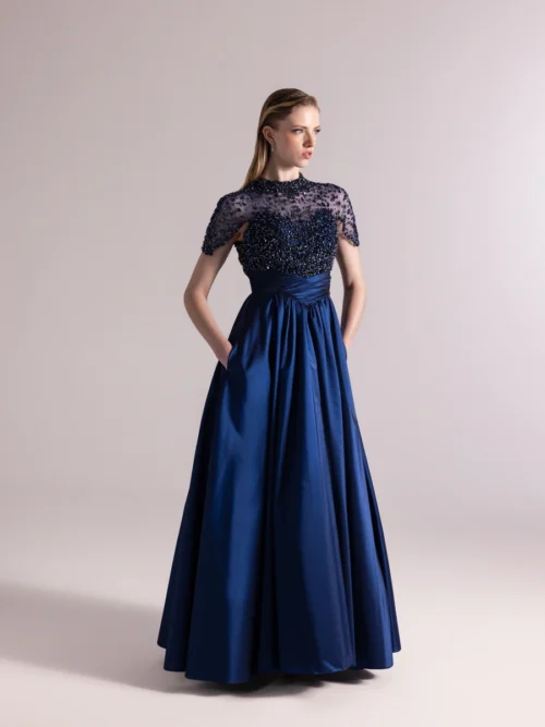 A25084-Crinkled Puffy Gown Ebise with Top Stone Detail